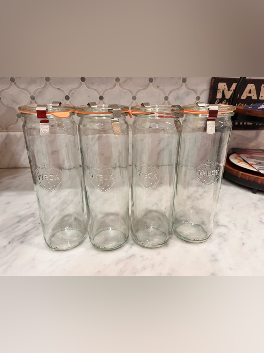 WECK Cylinder Glass Jars Set of 4 – Tall Pantry Storage – Lids, Seals & Clips